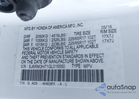 2016 Honda Cr-V Ex-L z USA, uszkodzony, nr VIN 5J6RM3H71GL016550